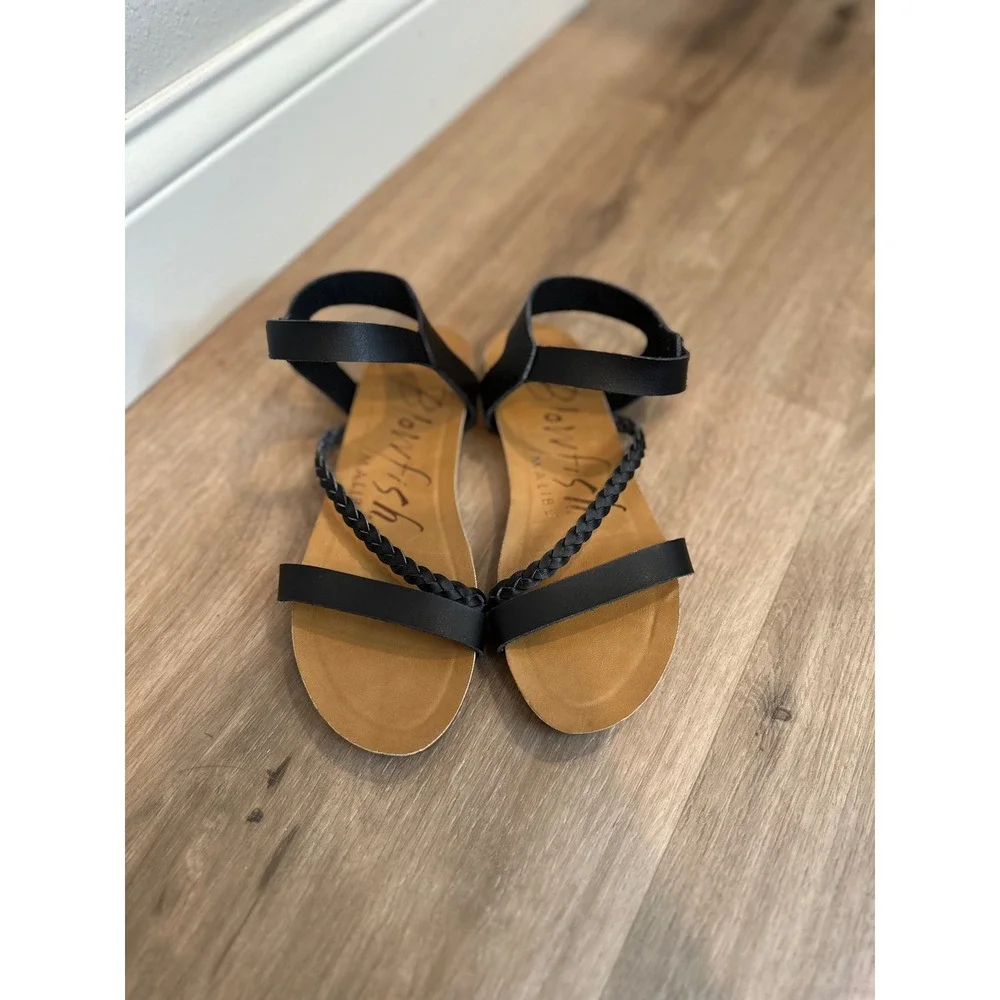 Blowfish Malibu Sandals Womens 7 Black Vegan Braided Strappy Flat Boho Summer